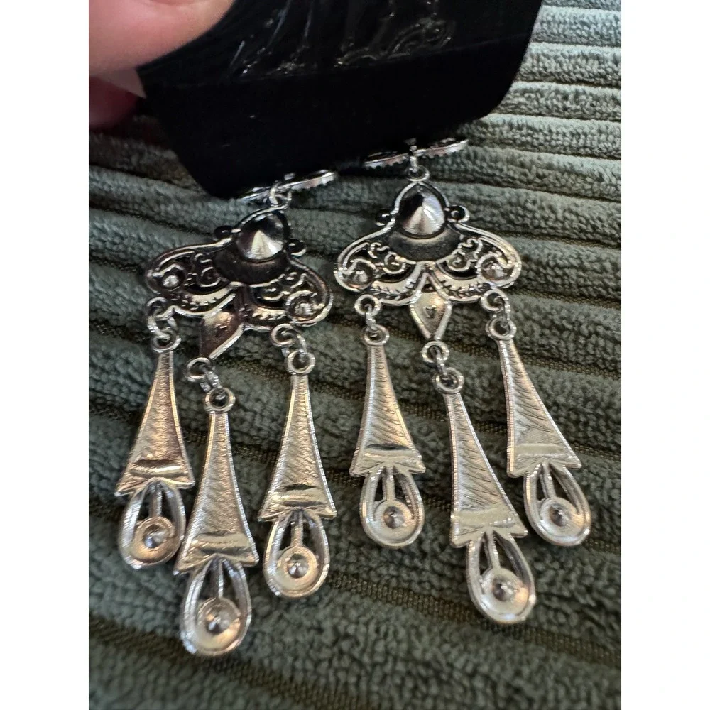 Silver Tone Dangle Earrings with‎ Black Accents, Statement Fashion Jewelry